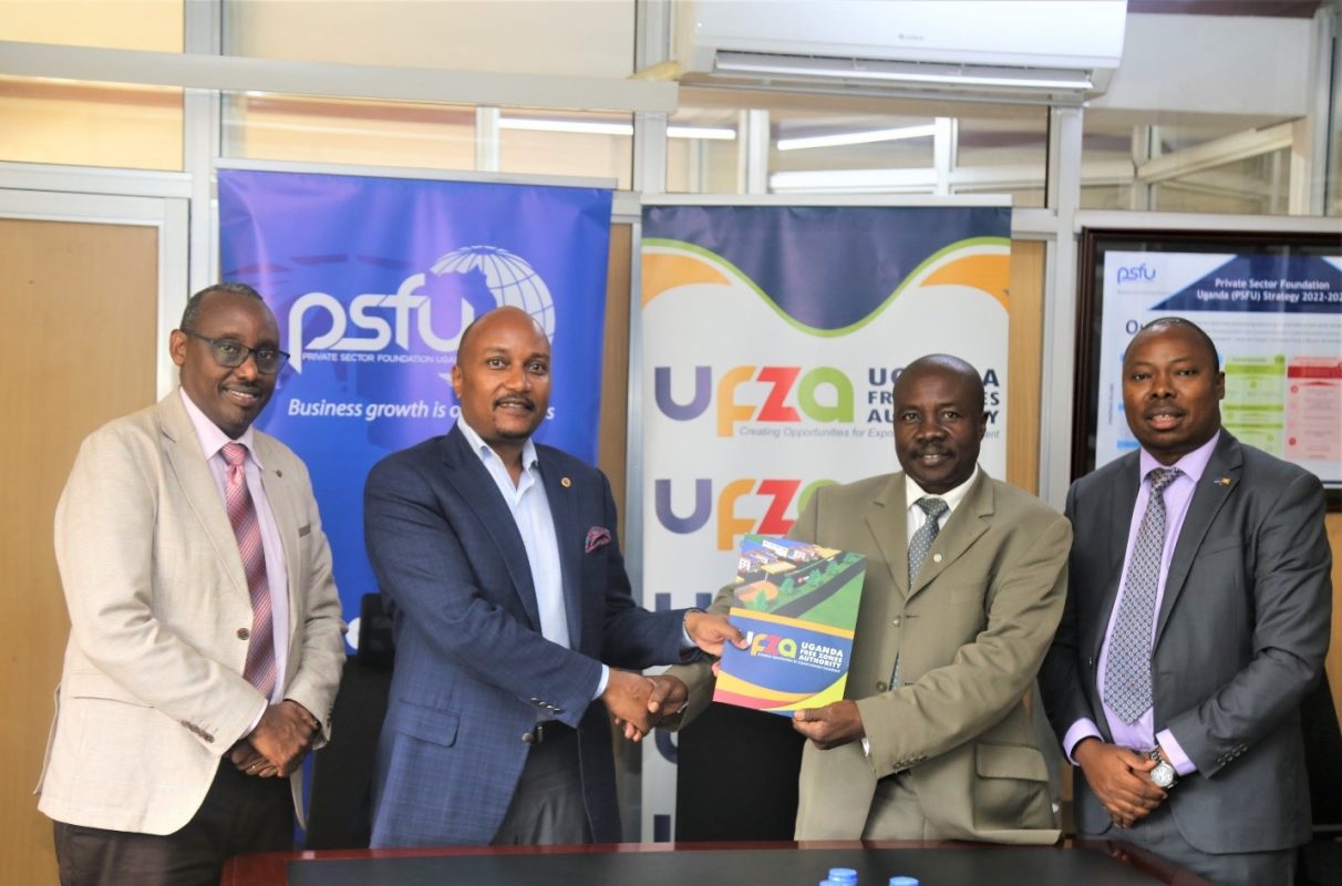 Chairperson Board of Directors PSFU, Mr Humphrey Nzeyi, the UFZA Chairman Board of Directors, Eng Peter Balimunsi, and the Executive Director of UFZA, Mr. Hez Kimoomi Alinda after signing the MoU at PSFU offices on 2nd October 2023